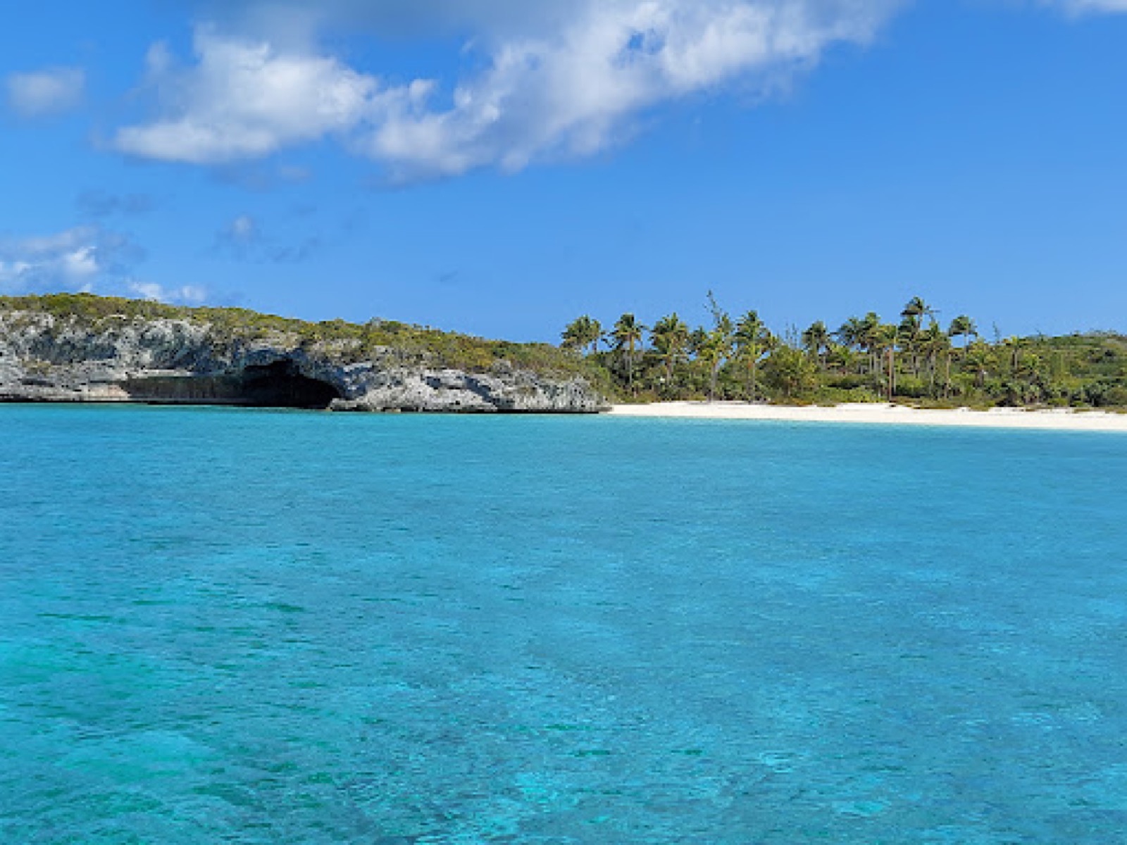 Rocky cove and palm-lined beach across turquoise water